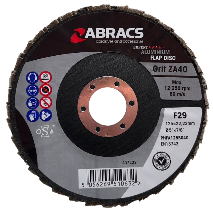Abracs Aluminium Flap Discs 125mm x 22mm x 40g - Pack of 25, PHFA125B040