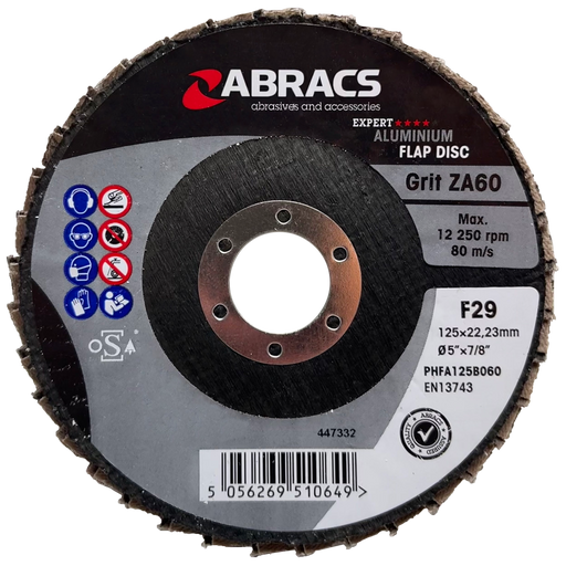 Abracs Aluminium Flap Discs 125mm x 22mm x 60g - Pack of 25, PHFA125B060