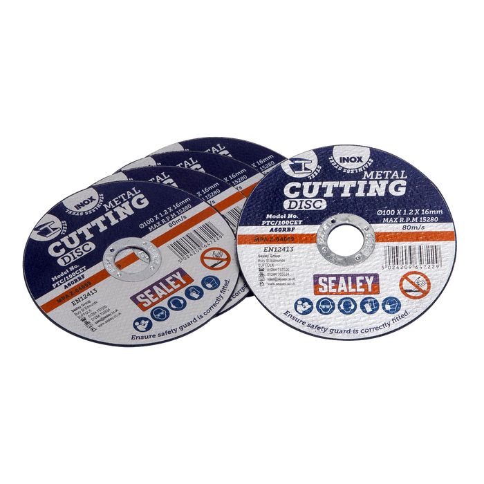 Sealey Cutting Discs, Ø100 x 1.2mm Ø16mm Bore - Pack of 5, PTC/100CET5