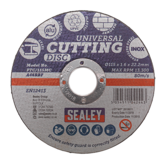 Sealey Multipurpose Cutting Disc, Ø115 x 1.6mmØ22.2mm Bore, PTC/115MC