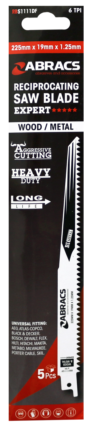 Abracs Recip Blade 225x19x1.25mm Wood/Metal - 5(Pcs) Pack of 1, RBS1111DF