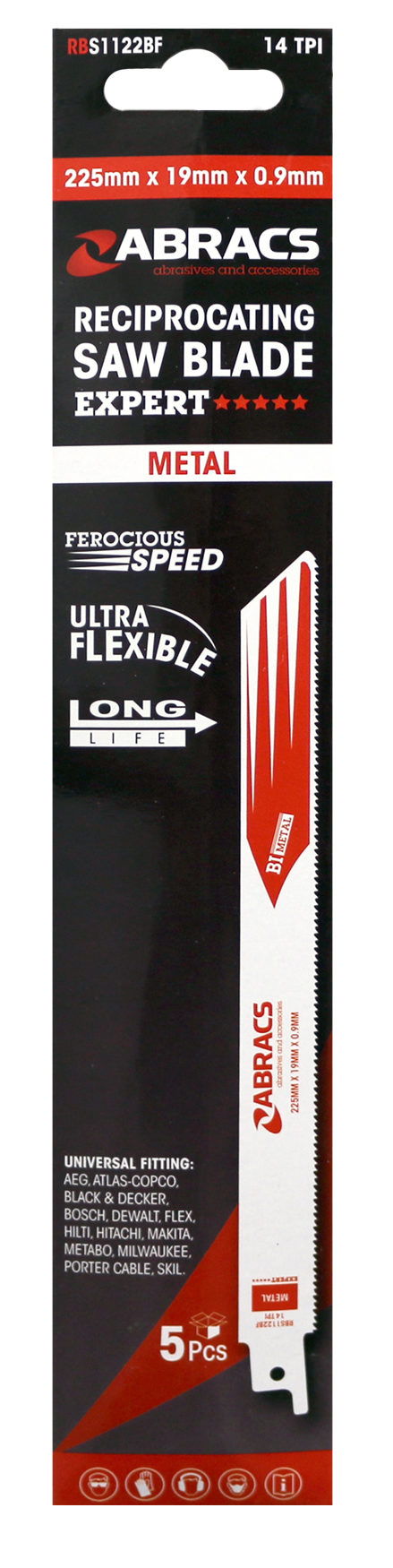 Abracs Recip Saw Blade 225x19x0.9mm - Metal -5(Pcs) Pack of 1, RBS1122BF