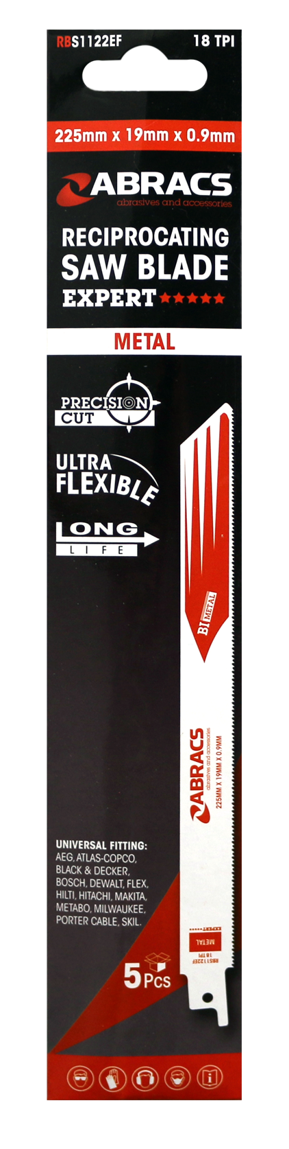 Abracs Recip Saw Blade 225x19x0.9mm - Metal - 5(Pcs) Pack of 1, RBS1122EF