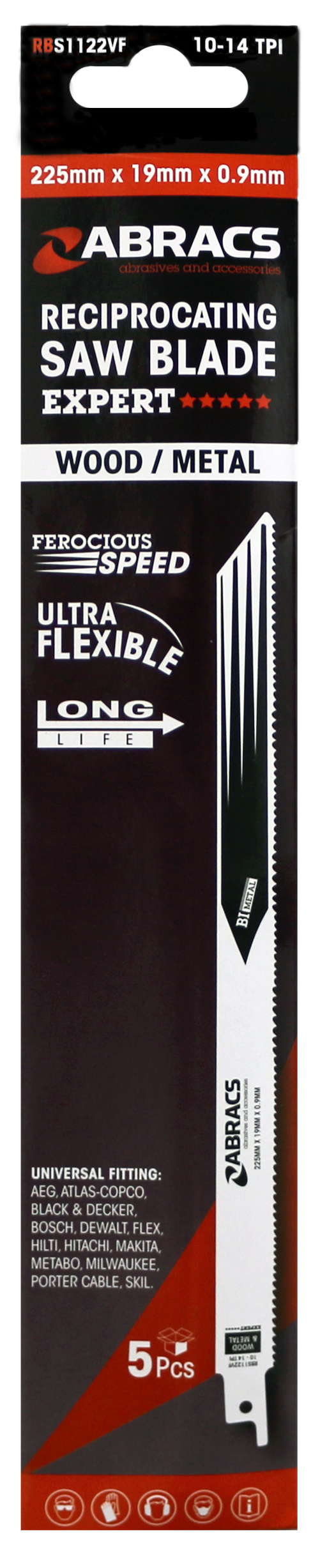 Abracs Recip Blade 225x19x0.9mm Wood/Metal - 5(Pcs)Pack of 1, RBS1122VF