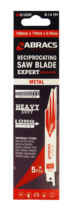 Abracs Recip Saw Blade 150x19x0.9mm - Metal - 5(Pcs) Pack of 1, RBS123XF