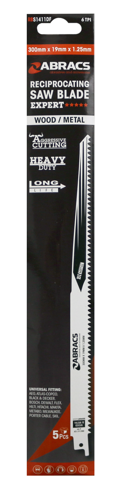 Abracs Recip Blade 300x19x1.25mm Wood/Metal - 5(Pcs) Pack of 1, RBS1411DF