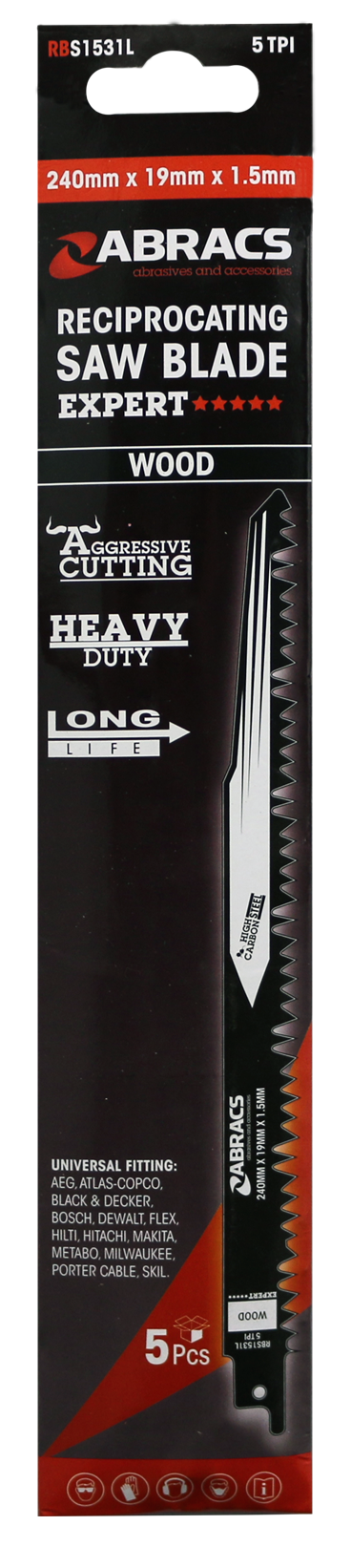 Abracs Recip Saw Blade 240x19x1.5mm - Wood - 5(Pcs) Pack of 1, RBS1531L