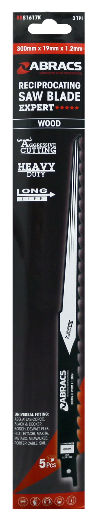 Abracs Recip Saw Blade 300x19x1.2mm - Wood - 5(Pcs) Pack of 1, RBS1617K