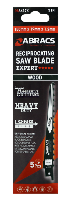 Abracs Recip Saw Blade 150x19x1.2mm - Wood - 5(Pcs) Pack of 1, RBS617K