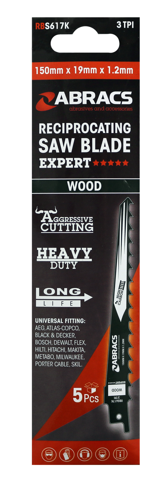 Abracs Recip Saw Blade 150x19x1.2mm - Wood - 5(Pcs) Pack of 1, RBS617K
