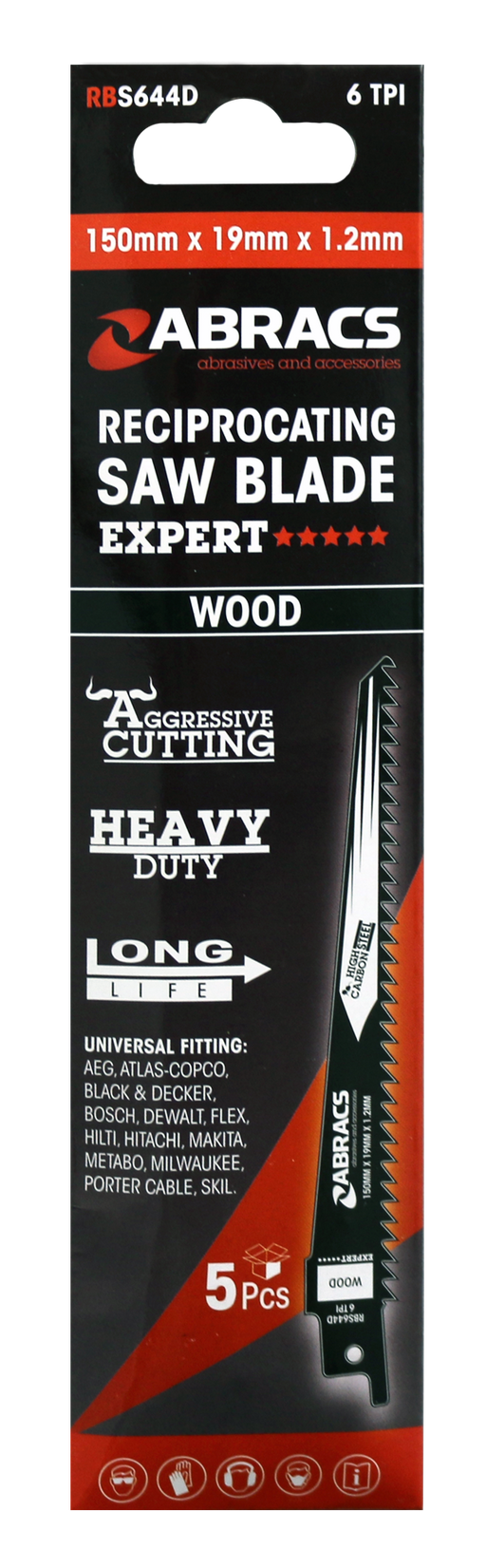 Abracs Recip Saw Blade 150x19x1.2mm - Wood - 5(Pcs) Pack of 1, RBS644D