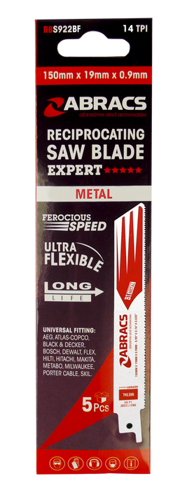 Abracs Recip Saw Blade 150x19x0.9mm - Metal - 5(Pcs) Pack of 1, RBS922BF