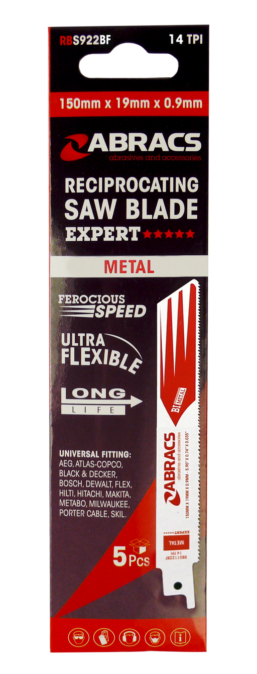 Abracs Recip Saw Blade 150x19x0.9mm - Metal - 5(Pcs) Pack of 1, RBS922BF