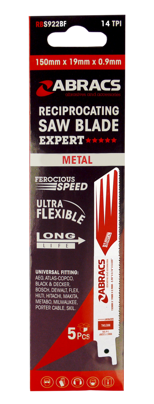 Abracs Recip Saw Blade 150x19x0.9mm - Metal - 5(Pcs) Pack of 1, RBS922BF