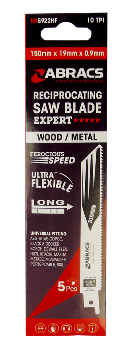 Abracs Recip Blade 150x19x0.9mm Wood/Metal - 5(Pcs) Pack of 1, RBS922HF