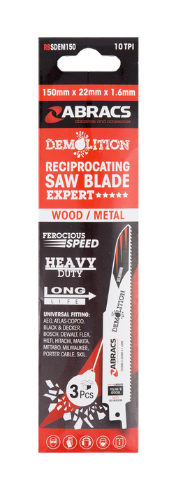Abracs Recip Blade 150x22x1.6mm Demolition - 3(Pcs) Pack of 1, RBSDEM150