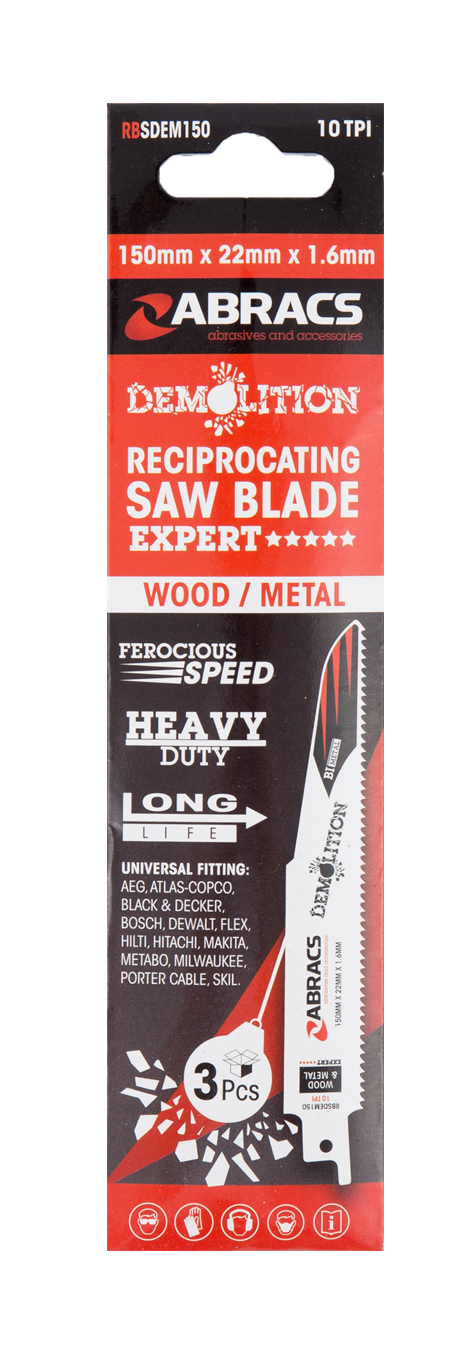 Abracs Recip Blade 150x22x1.6mm Demolition - 3(Pcs) Pack of 1, RBSDEM150