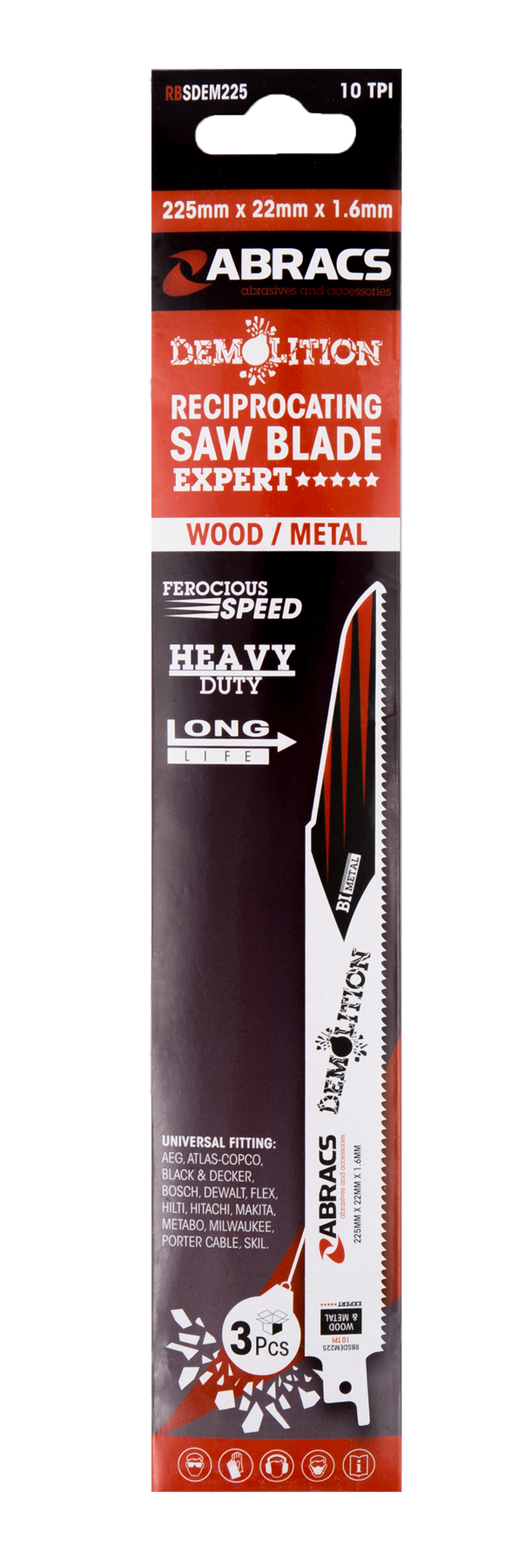 Abracs Recip Blade 225x22x1.6mm Demolition - 3(Pcs) Pack of 1, RBSDEM225