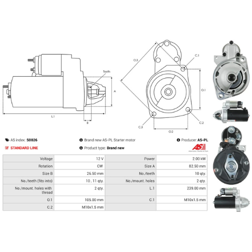 Starter Motor Fits Daewoo Model KORANDO Cabrio (KJ) 2.9 TD