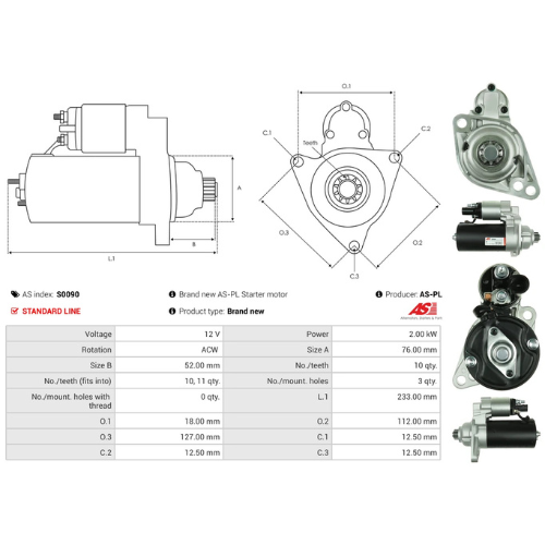 Starter Motor Fits Seat Model ALTEA (5P1) 2.0 FSI