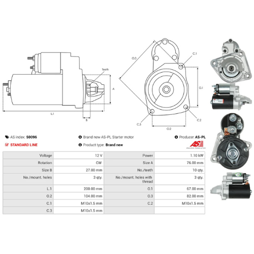 Starter Motor Fits Mazda Model 2 (DY) 1.2 (DY3W)