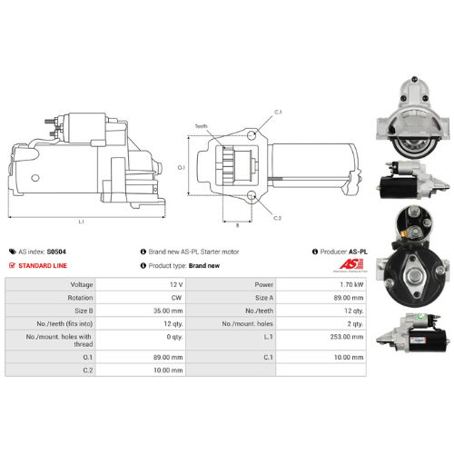 Starter Motor Fits Ford Model TRANSIT Bus (FD_ _, FB__, FS__) 1.4 D-4D (NLP90_)
