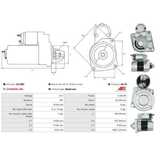 Starter Motor Fits Fiat Model 500 (312_) 500 (312_) 0.9 (312AXG1A, 312.AXG11)