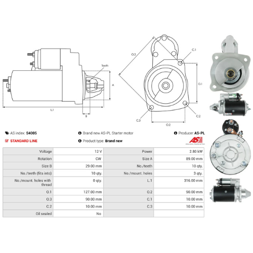 Starter Motor Fits Landini Model Series 60 8860 1.5 16V