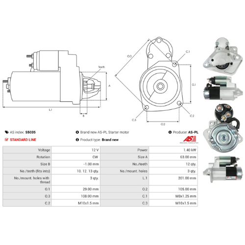 Starter Motor Fits Dacia Model DOKKER Box Body/MPV(FEJL) 1.5 Blue dCi 95