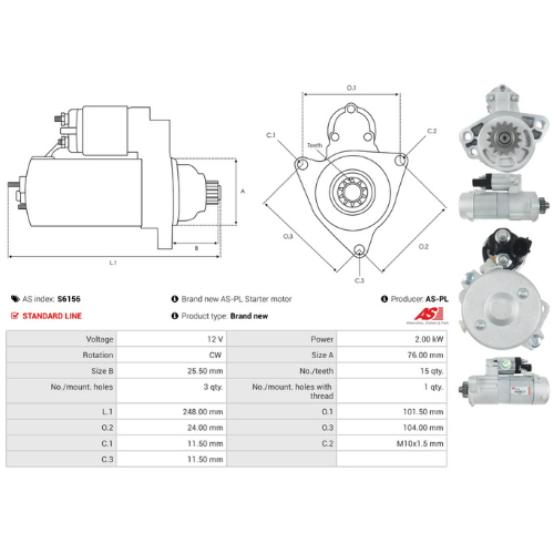 Starter Motor Fits Audi Model Q7 Van (4LB) 3.0 TDI quattro