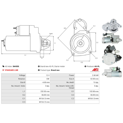 Starter Motor Fits Ford Usa Model EDGE 2.0 TDCi Bi-Turbo AWD