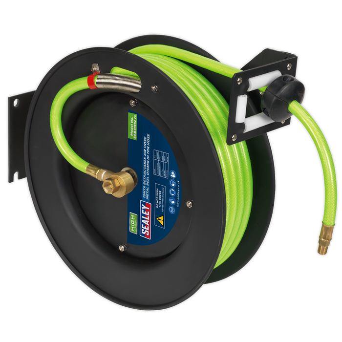 Sealey SA841HV Retractable Air Hose With Metal Reel 15m Ø10mm ID High-Visibility TPR Hose