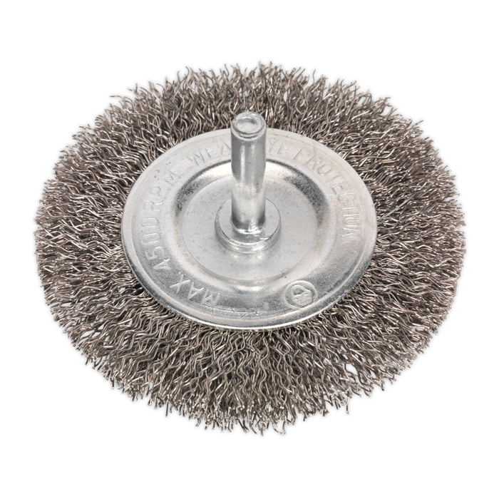 Sealey Flat Wire Brush Stainless Steel, 75mm with 6mm Shaft, SFBS75