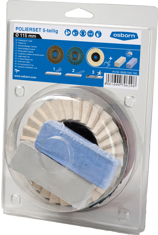 Polishing Kit - 5 Piece, 3x Ã˜115mm Flap Discs Type 1+3+4, Blue & White Compounds, Osborn - 6900040100